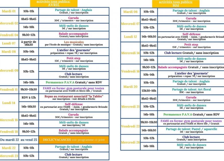 Déclic – Programme Animations jusqu’en juillet